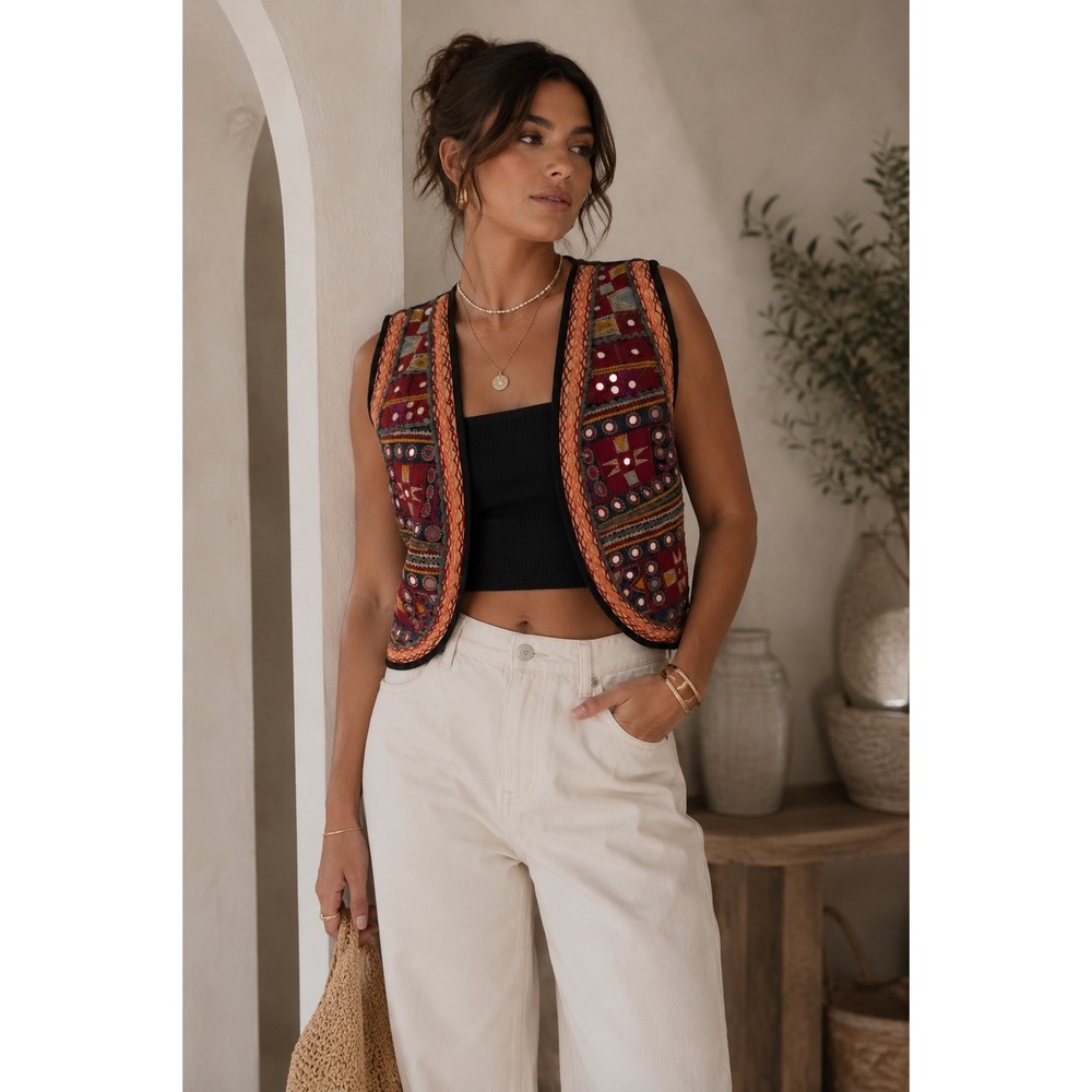 Maison Hotel Embroidered Mirror Vest Small Black Multi Cotton Boho Crop Top